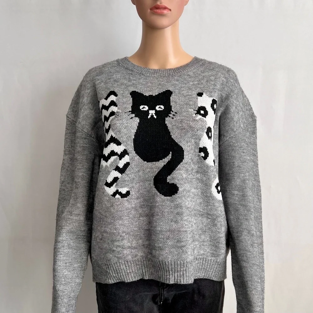 Cat Pattern Drop Shoulder Sweater - Picture 2 of 8